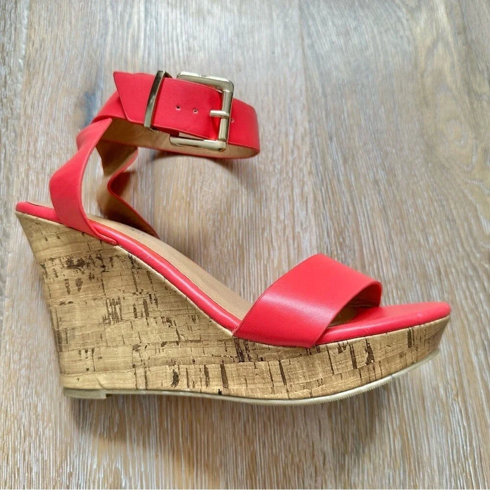 Call It Spring Hot Flamingo Pink Cork Wedge Sandals - Size 6.5
